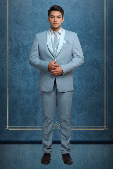 Light Ice Blue Slim Fit Solid Formal Three Piece Suit — view 1 of 3