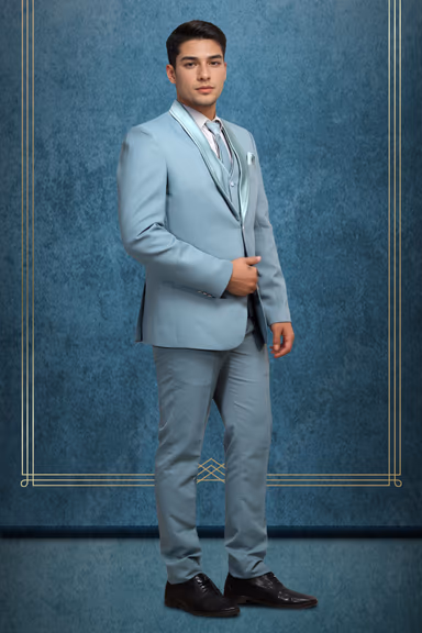 Light Ice Blue Slim Fit Solid Formal Three Piece Suit — view 2 of 3