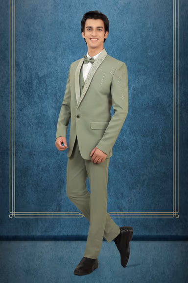 Elegant Sage Green Color And its Regal, Formal Styling With The Embroidered Lapel Suit — view 3 of 6