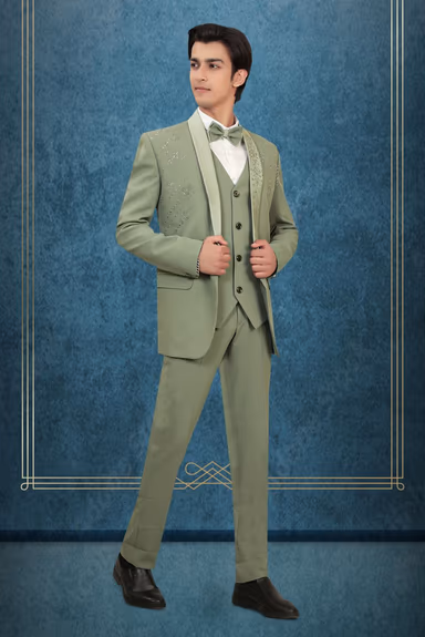Elegant Sage Green Color And its Regal, Formal Styling With The Embroidered Lapel Suit — view 2 of 6