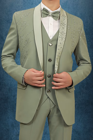 Elegant Sage Green Color And its Regal, Formal Styling With The Embroidered Lapel Suit — view 4 of 6