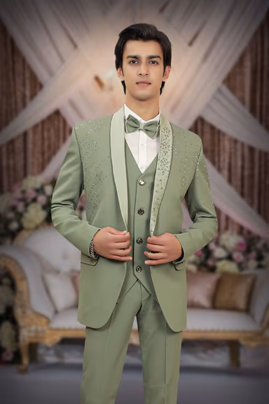 Elegant Sage Green Color And its Regal, Formal Styling With The Embroidered Lapel Suit — view 6 of 6