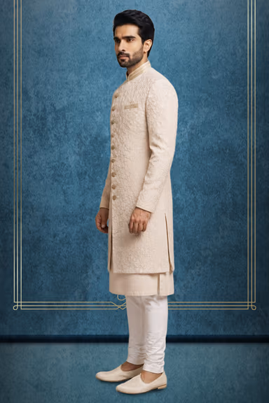 Blush Pink Asymmetrical Sherwani with Self-Embroidered Floral Elegance — view 3 of 3