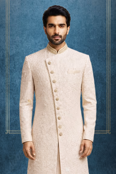 Blush Pink Asymmetrical Sherwani with Self-Embroidered Floral Elegance — view 2 of 3