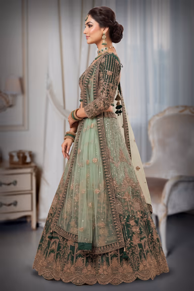 Bottle Green Floral Embroidered Lehenga — view 3 of 3