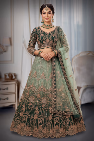 Bottle Green Floral Embroidered Lehenga — view 2 of 3
