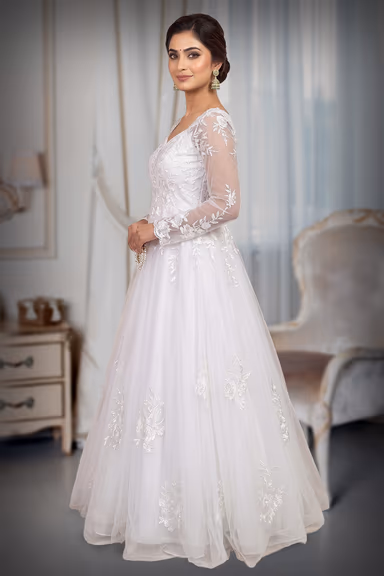 Christian Bridal Gown - White Imported fabric with Satin and Net , Along with the HeadDress and wale — view 3 of 3