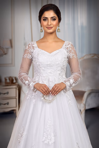 Christian Bridal Gown - White Imported fabric with Satin and Net , Along with the HeadDress and wale — view 1 of 3