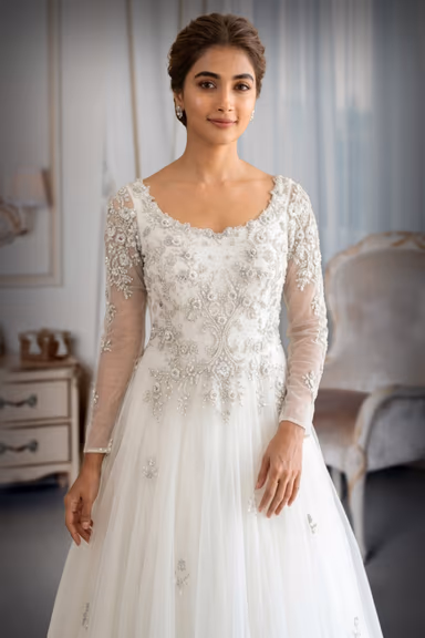 Ethereal Ivory Tulle Gown with Silver Beadwork and Cathedral Trail — view 1 of 2