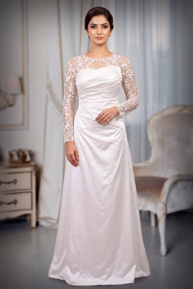Elegant White Satin Gown With Floral Lace Full Sleeves Design — view 2 of 3
