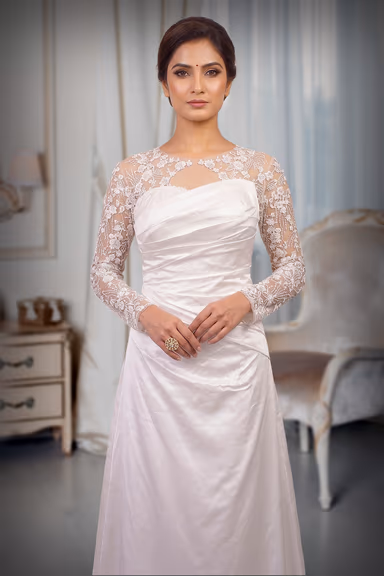 Elegant White Satin Gown With Floral Lace Full Sleeves Design — view 1 of 3