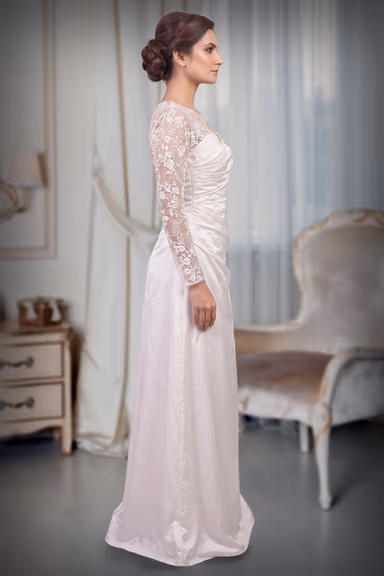 Elegant White Satin Gown With Floral Lace Full Sleeves Design — view 3 of 3