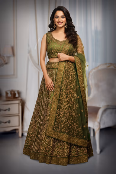 Beautifully Crafted Forest Green Lehenga, Offering A Harmonious Mix Of Pastel Hues And Shimmering… — view 2 of 2