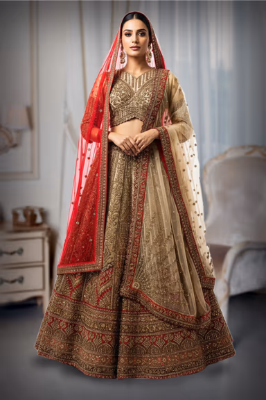 Elegant Beige And Red lehenga, blazes with intricate embroidery and shimmering sequins — view 2 of 2