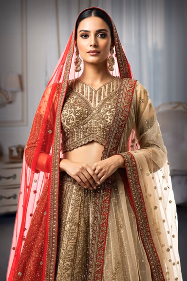 Elegant Beige And Red lehenga, blazes with intricate embroidery and shimmering sequins — view 1 of 2