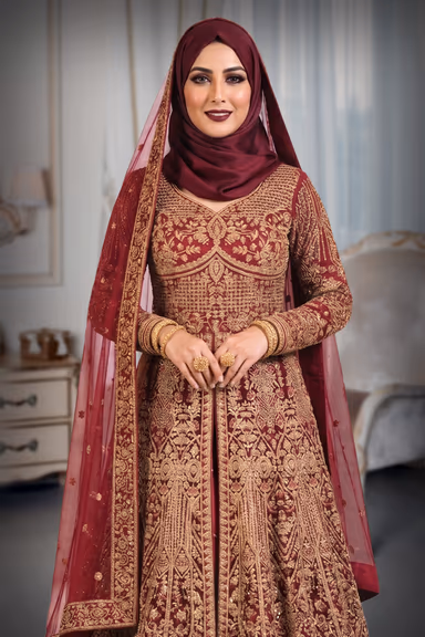 Blood Red Anarkali Lehenga With Intricate Stone work Details — view 1 of 2