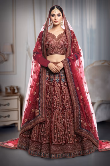 Elegant Blood Red lehenga, blazes with intricate embroidery and shimmering sequins — view 2 of 2