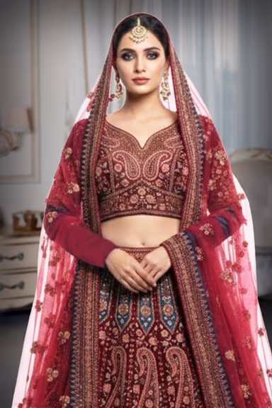 Elegant Blood Red lehenga, blazes with intricate embroidery and shimmering sequins — view 1 of 2