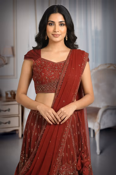 Blood Red Heavy Embellished Lehenga With Golden Threadwork Details on Blouse and Skirt Along With Same Color… — view 1 of 2