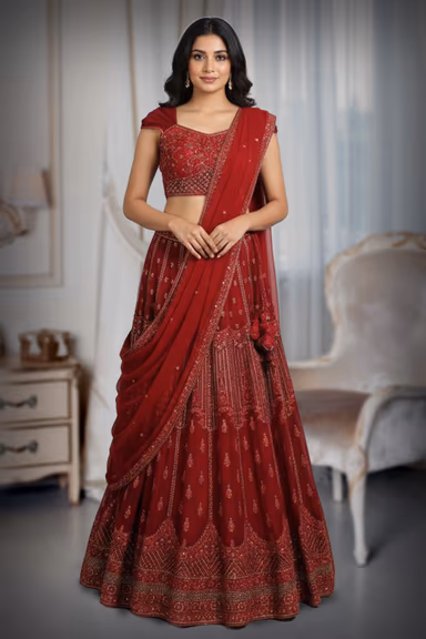 Blood Red Heavy Embellished Lehenga With Golden Threadwork Details on Blouse and Skirt Along With Same Color… — view 2 of 2