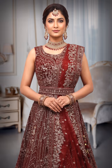 Blood Red Net Lehenga With Stone Work Detailing With Crop Top Blouse And Same Color Dupatta — view 1 of 3