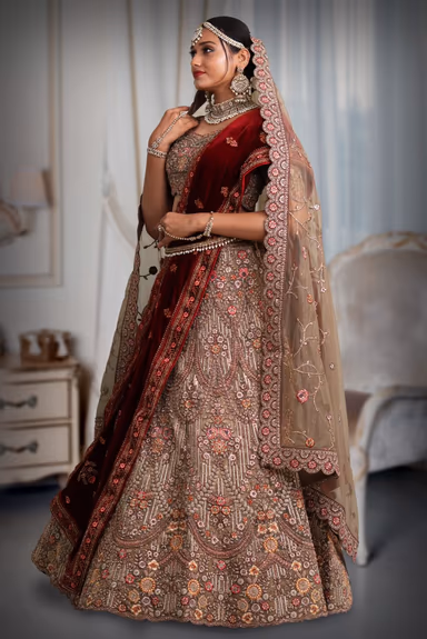 Chiku colour heavy embroidery jarkan work lehenga — view 4 of 5