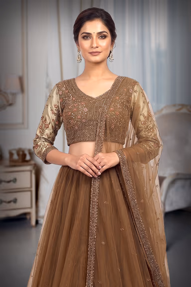 Coffee Brown Minimal Net Lehenga With Handwork Details And Same Color Dupatta — view 1 of 3