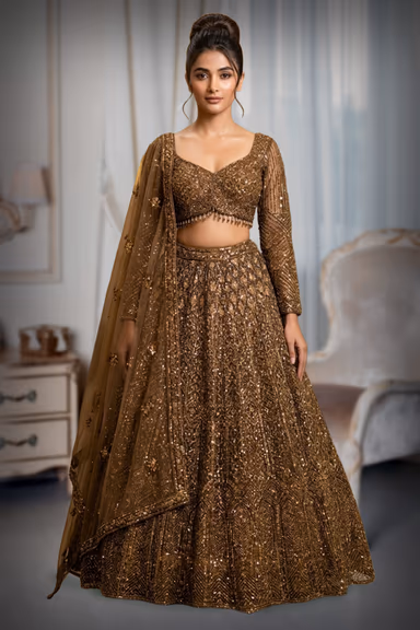 Copper-Bronze Net Lehenga with All-Over Geometric Sequin and Micro-Bead Hand Embroidery — view 2 of 2