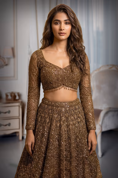 Copper-Bronze Net Lehenga with All-Over Geometric Sequin and Micro-Bead Hand Embroidery — view 1 of 2