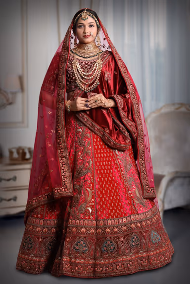 Dark pink embroidery maroon heavy border lehenga — view 2 of 5