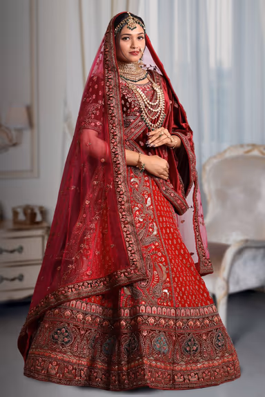 Dark pink embroidery maroon heavy border lehenga — view 4 of 5