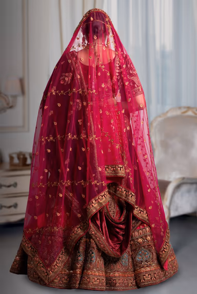 Dark pink embroidery maroon heavy border lehenga — view 5 of 5