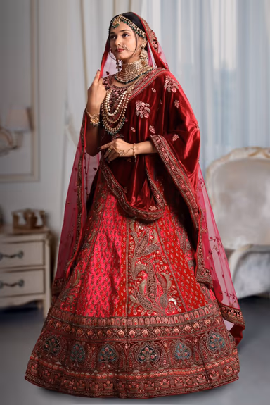Dark pink embroidery maroon heavy border lehenga — view 3 of 5