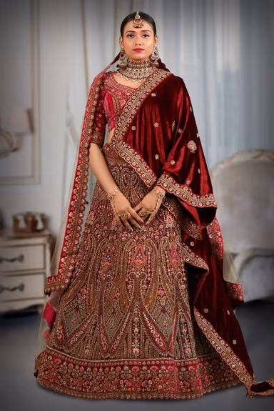 Dark purple multi color embroidery lehenga — view 2 of 5