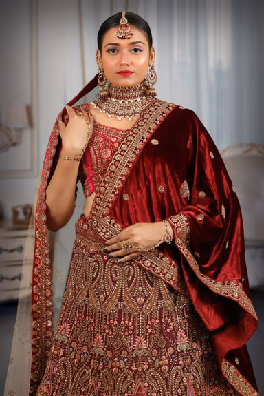 Dark purple multi color embroidery lehenga — view 1 of 5