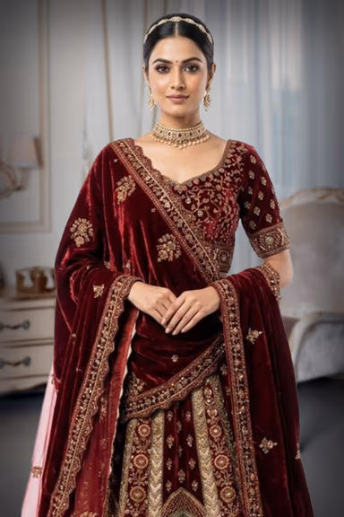Deep Maroon and champagne gold Panels , luxurious skirt along with Dual Dhuppatta — view 1 of 2