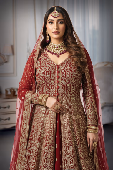 Deep Red Heavy Zardozi & Sequin Embroidered Open-Front Jacket with Lehenga Skirt and Net Dupatta — view 4 of 5