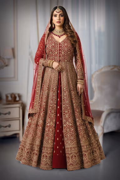 Deep Red Heavy Zardozi & Sequin Embroidered Open-Front Jacket with Lehenga Skirt and Net Dupatta — view 5 of 5