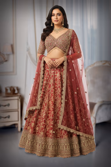 Dusky Rose Silk Brocade Lehenga with Heavy Hand-Embroidered V-Neck Choli and Net Dupatta — view 2 of 2