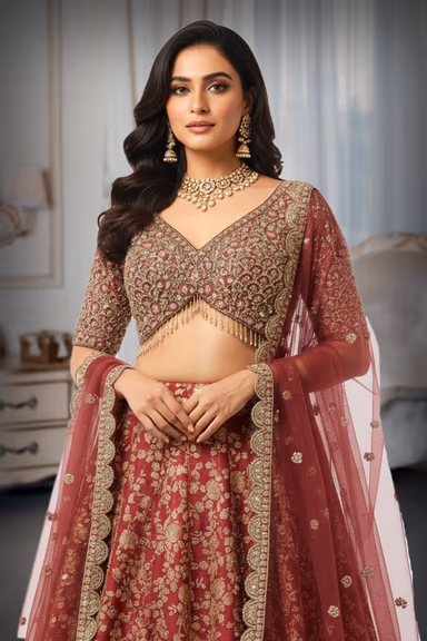 Dusky Rose Silk Brocade Lehenga with Heavy Hand-Embroidered V-Neck Choli and Net Dupatta — view 1 of 2