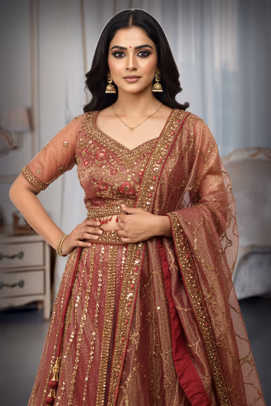 Elegant Garjra Pink Wedding Lehenga With Gold Embroidery And Plain Dupatta Suitable For Festive Functions — view 1 of 4