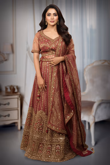 Elegant Garjra Pink Wedding Lehenga With Gold Embroidery And Plain Dupatta Suitable For Festive Functions — view 2 of 4
