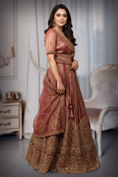 Elegant Garjra Pink Wedding Lehenga With Gold Embroidery And Plain Dupatta Suitable For Festive Functions — view 3 of 4