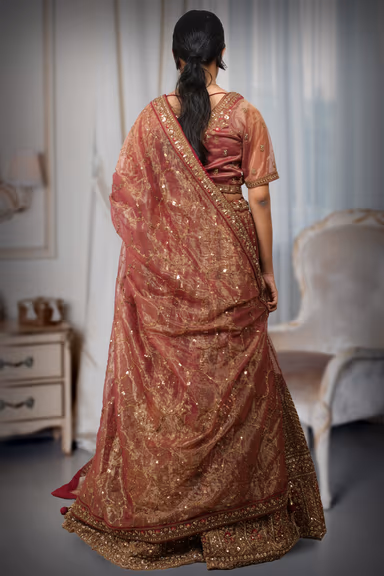 Elegant Garjra Pink Wedding Lehenga With Gold Embroidery And Plain Dupatta Suitable For Festive Functions — view 4 of 4