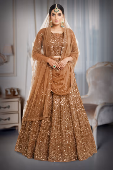 Golden Brown Handworked Bridal Lehenga With Intricate Embroidered Crop Top And Threadworked Dupatta — view 3 of 3
