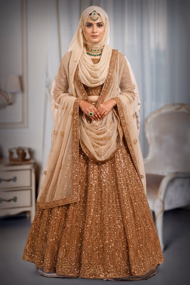 Golden Brown Handworked Bridal Lehenga With Intricate Embroidered Crop Top And Threadworked Dupatta — view 2 of 3