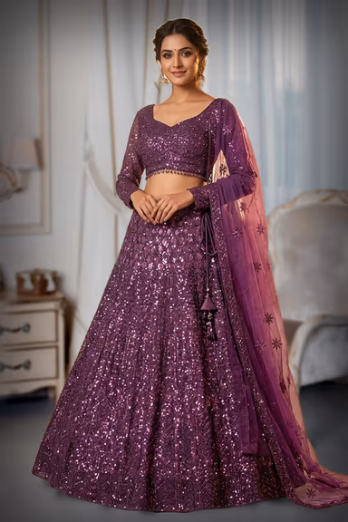 Graceful Grape Wine Lehenga Choli Set Detailed With Delicate Floral Embroidery And Shimmering Accents — view 2 of 2