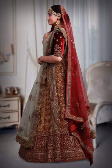 light mint Green & mustard yellow  combination embroidery lehenga — view 4 of 5