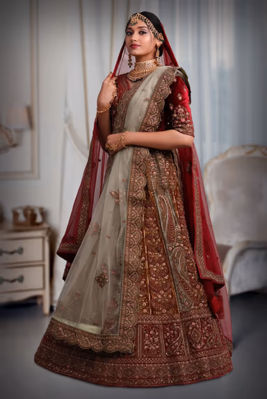 light mint Green & mustard yellow  combination embroidery lehenga — view 3 of 5