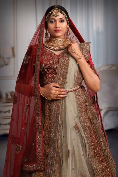 light mint Green & mustard yellow  combination embroidery lehenga — view 1 of 5